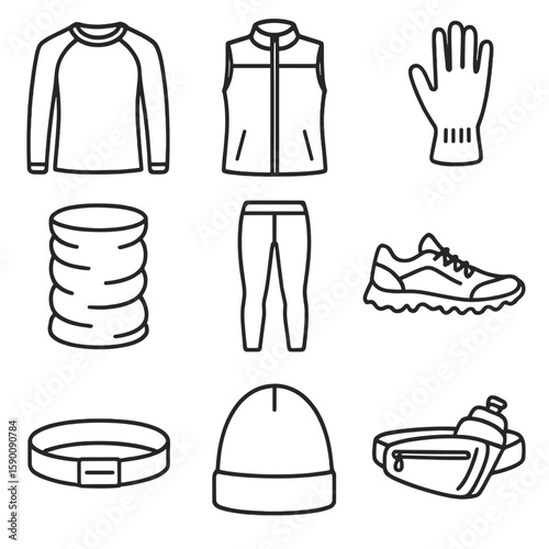 Winter Running Gear Icons. Outline style icons of Winter Running Wear: moisture-wicking top, windbreaker vest, fleece gloves, neck