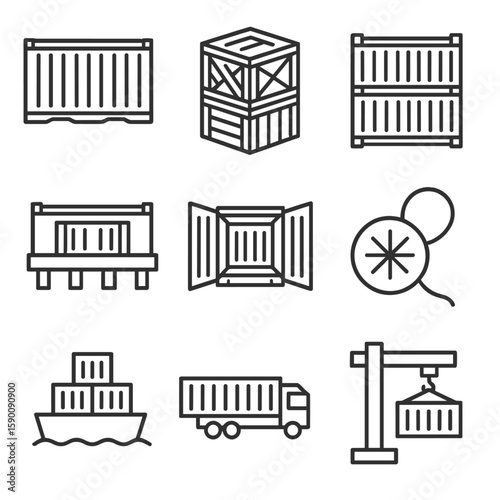 Shipping Container Icons. Outline style icons of Shipping Containers: freight container, cargo crate, stackable container,