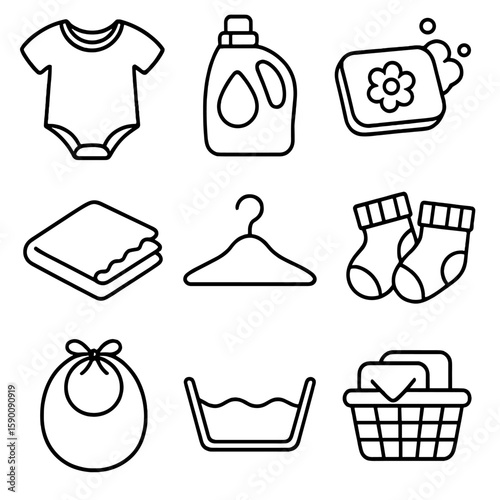 Baby Laundry Icons. Outline style icons of Baby Laundry Care: baby onesie, gentle detergent, hypoallergenic soap, soft blanket,