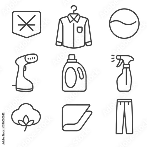 Iron-Free Care Icons. Outline style icons of Iron-Free Care: wrinkle-resistant label, hang dry shirt, smooth finish icon, travel