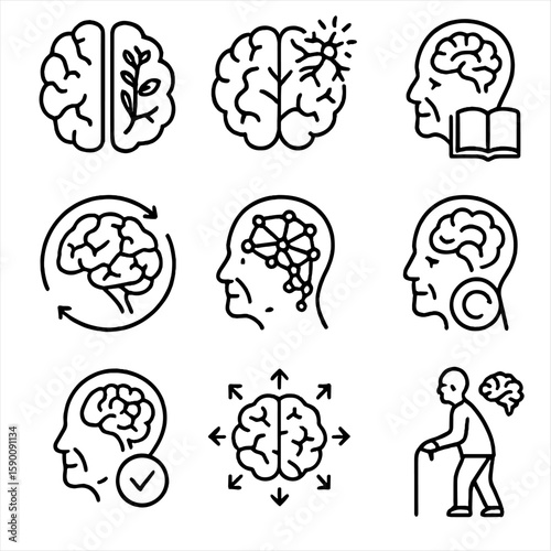 Aging Neuroplasticity Icons. Outline style icons of Aging and Neuroplasticity: aging brain regeneration, elderly brain with neuron