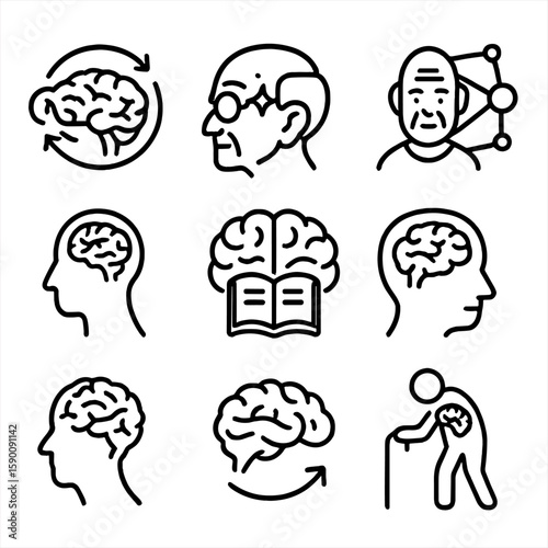 Aging Neuroplasticity Icons. Outline style icons of Aging and Neuroplasticity: aging brain regeneration, elderly brain with neuron