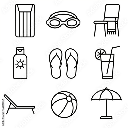 Poolside Essentials Icons. Outline style icons of Poolside Essentials: inflatable pool float, swimming goggles, towel on chair,