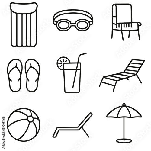 Poolside Essentials Icons. Outline style icons of Poolside Essentials: inflatable pool float, swimming goggles, towel on chair,