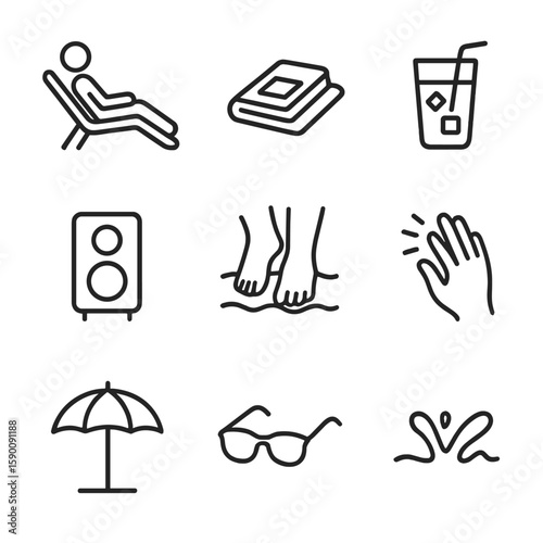 Outline Poolside Relaxation. Outline style icons of Relaxing by the Pool: person reclining on lounger, book by towel, iced drink