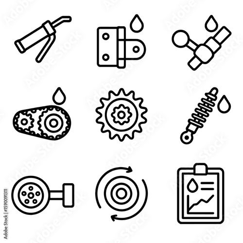 Lubrication Points Icons. Outline style icons of Lubrication Points: grease gun, hinges with oil icon, joint lubrication,