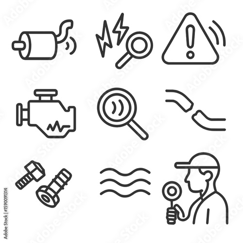 Car Noise Symbols. Outline style icons of Car Noise and Vibration: muffler icon, rattle sound lines, vibration warning, engine