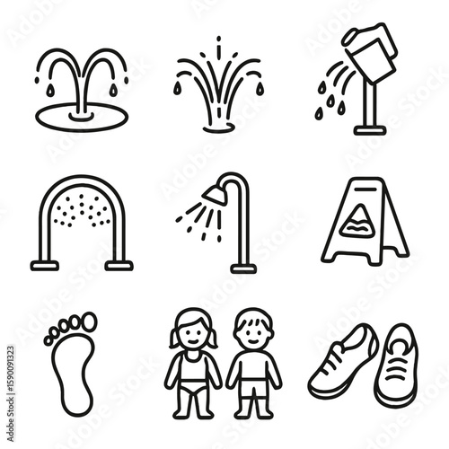 Water Playground Icons. Outline style icons of Water Playground Features: splash pad, water jets, dumping bucket, mist tunnel,