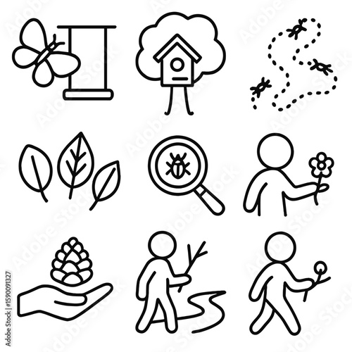 Nature Exploration Icons. Outline style icons of Nature and Exploration: butterfly near swing, birdhouse in tree, ant trail icon,
