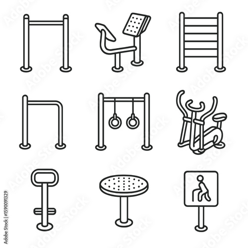 Playground Fitness Icons. Outline style icons of Fitness Equipment in Playground: pull-up bars, leg press machine, balance