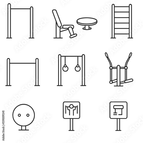 Playground Fitness Icons. Outline style icons of Fitness Equipment in Playground: pull-up bars, leg press machine, balance