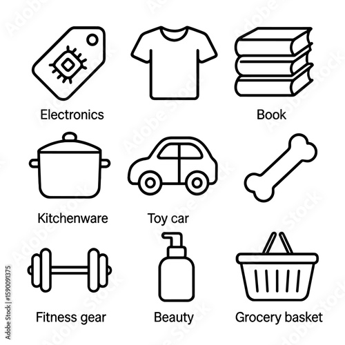 Product Category Icons. Outline style icons of Product Categories: electronics tag, fashion shirt, book stack, kitchenware, toy