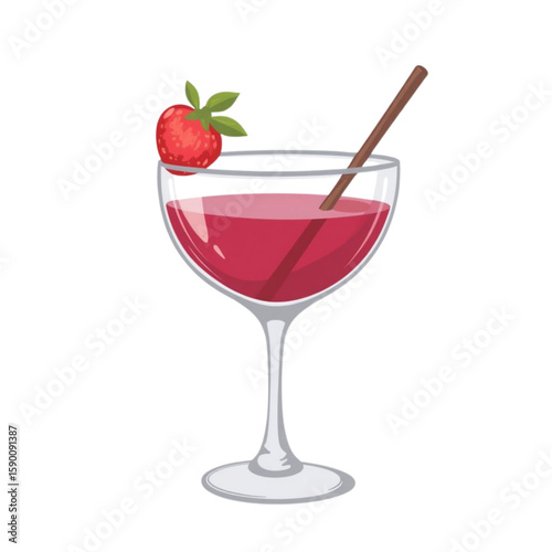 Wine cocktail in a glass with strawberry garnish and straw  