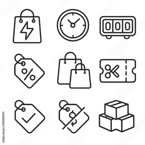 Outline Sale Icons. Outline style icons of Flash Sales and Discounts: lightning sale icon, limited offer clock, countdown timer,