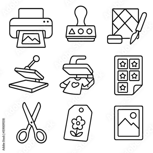 DIY Printing Icons. Outline style icons of Print Finishing: guillotine cutter, lamination roller, binding spiral, hole punch