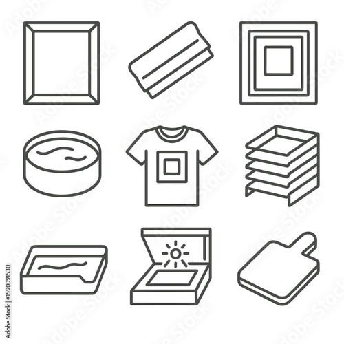 Screen Printing Icons. Outline style icons of Screen Printing: silk screen frame, squeegee tool, mesh stencil, ink reservoir,