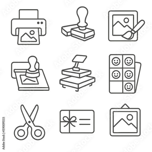DIY Printing Icons. Outline style icons of Screen Printing: silk screen frame, squeegee tool, mesh stencil, ink reservoir, t-shirt