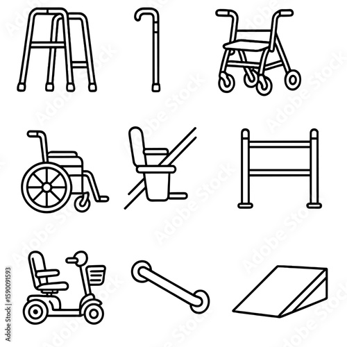 Elder Mobility Aid Icons. Outline style icons of Print Shop Interior: print station desk, ink shelf rack, printer room icon,