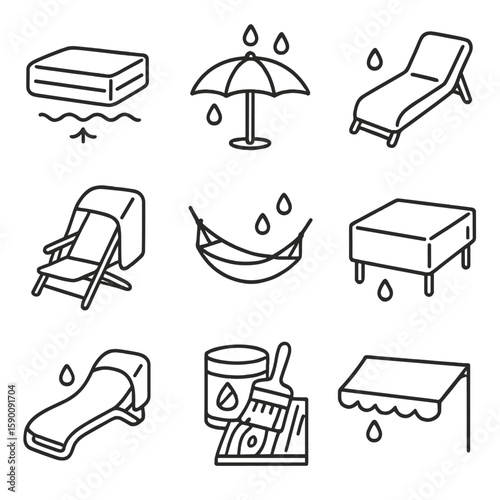 Waterproof Furniture Icons. Outline style icons of Waterproof Outdoor Furniture: sealed garden cushion, waterproof patio umbrella,