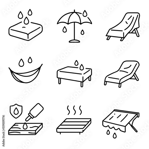 Waterproof Furniture Icons. Outline style icons of Waterproof Outdoor Furniture: sealed garden cushion, waterproof patio umbrella,