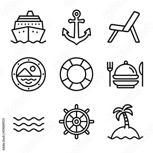 Cruise Travel Icons. Outline style icons of Cruise Travel: cruise ship, anchor icon, deck chair, porthole view, life preserver,