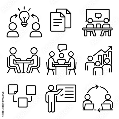 Team Collaboration Icons. Outline style icons of Team Collaboration: shared idea bulb, file sharing, coworking space, discussion