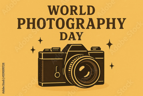 Vintage camera celebrating world photography day with golden background