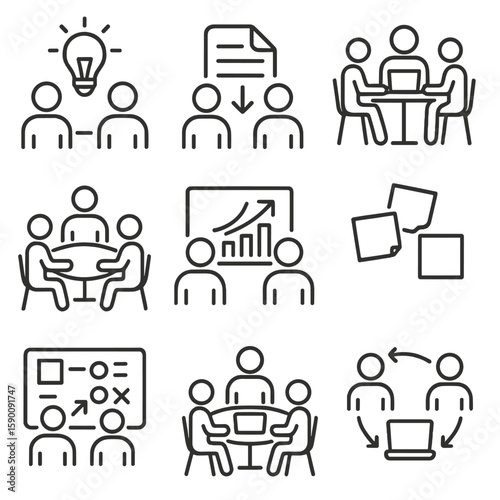 Team Collaboration Icons. Outline style icons of Team Collaboration: shared idea bulb, file sharing, coworking space, discussion