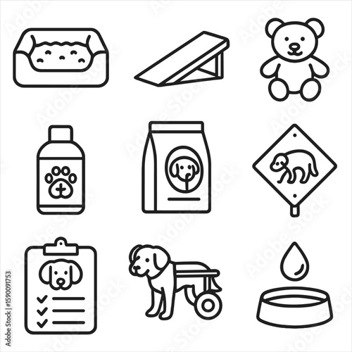 Senior Pet Care Icons. Outline style icons of Senior Pet Care: orthopedic bed, easy step ramp, soft toy, medicated shampoo, aging