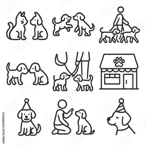 Pet Socialization Icons. Outline style icons of Pet Socialization: pets meeting, pet playdate icon, group walk, doggy daycare