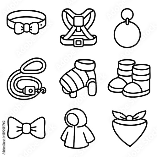 Pet Accessories Icons. Outline style icons of Pet Accessories: collar with bowtie, harness with chest pad, name tag, LED leash,