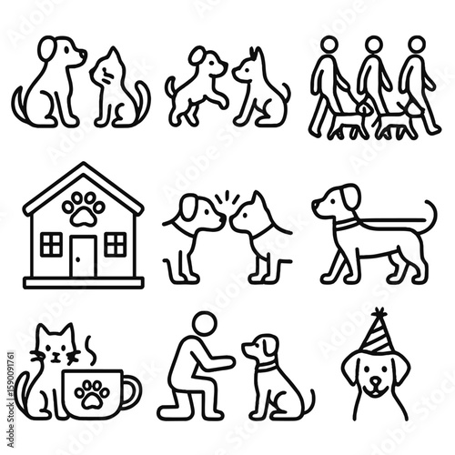 Pet Socialization Icons. Outline style icons of Pet Socialization: pets meeting, pet playdate icon, group walk, doggy daycare