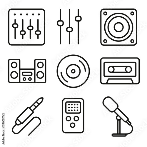 Audio Tech Outline Icons. Outline style icons of Audio Technology: sound mixer panel, equalizer sliders, speaker cone, stereo