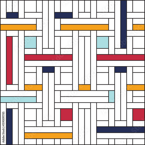 Grid of black vertical and horizontal lines on a white background, with selected squares and rectangles coloured in red, gold, navy and light blue
