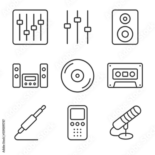 Audio Tech Outline Icons. Outline style icons of Audio Technology: sound mixer panel, equalizer sliders, speaker cone, stereo