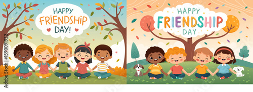 Happy Friendship Day Cartoon Kids Sitting in Park Smiling with Autumn Trees, Sunshine, and Happy Nature Scene for Childhood Celebration Illustration. Happy Friendship Day Children Holding Hands in Aut