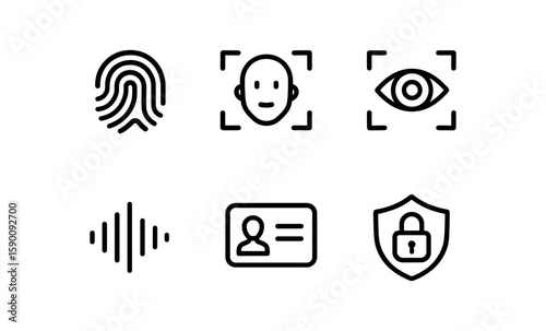 Biometric security icons: fingerprint, face, eye, voice, id, lock in linear style