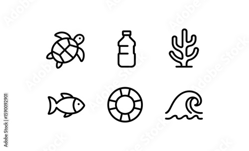 Minimalist ocean conservation icons: turtle, fish, wave, and more