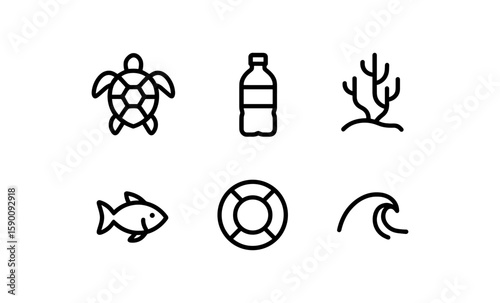 Linear ocean conservation icons: turtle, plastic bottle, coral, fish, lifebuoy, wave