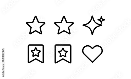 Minimalist icons: stars, favorites, and hearts in black outline style