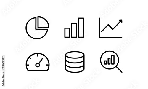 Minimalist business analytics icons set: charts, graphs, data, and metrics