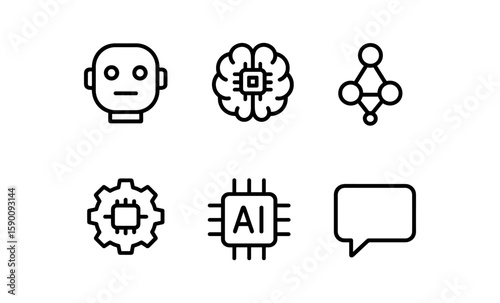 Linear ai and technology icons: robot, neural network, and chip designs