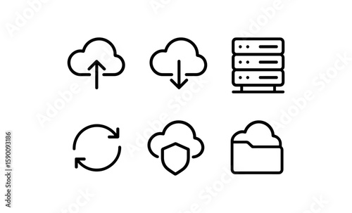 Cloud icon set: upload, download, server, sync, security, storage in linear style