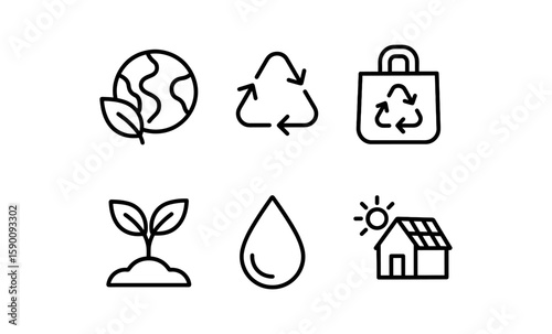 Eco-friendly icons: sustainability, recycling, and renewable energy in linear style