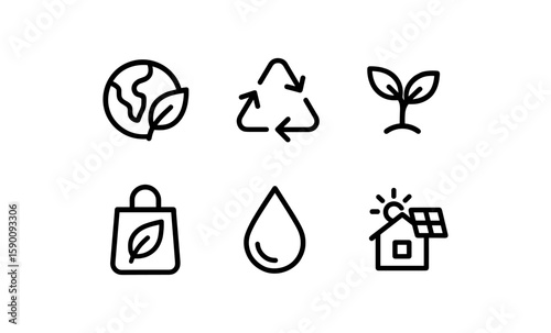 Eco-friendly icons set featuring earth, recycling, and solar energy in minimal linear style