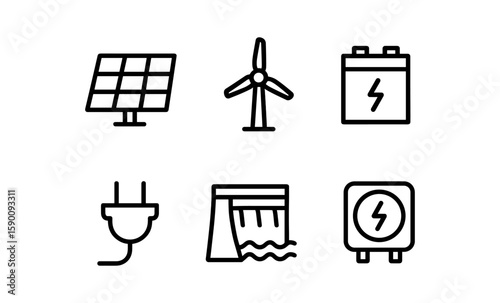 Energy source icons set featuring solar, wind, and hydro
