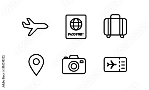Travel essentials icons: airplane, passport, luggage, camera, ticket, map