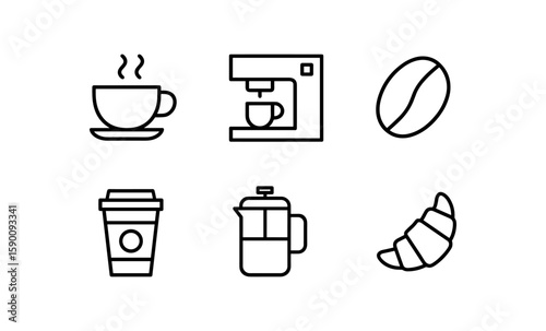 Coffee essentials icons set: line art coffee, croissant, and brewing tools