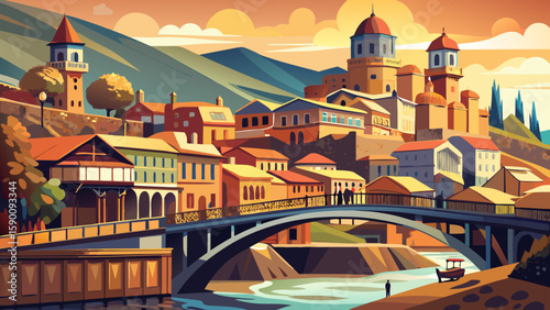 Tbilisi, Georgia – Old town balconies and modern bridges cross the Mtkvari River. Warm hues and mixed architecture make for an artistic and culturally layered vector backdrop.