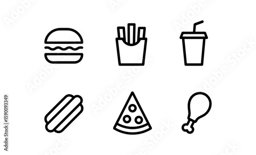 Minimalist fast food icons with burger, fries, and pizza